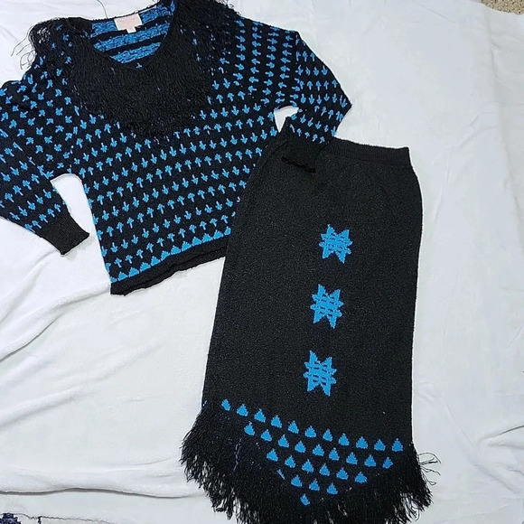 Vintage French Rags Hand Loomed Knit Sweater & Skirt Set Black Blue Fringe Size - Picture 2 of 13